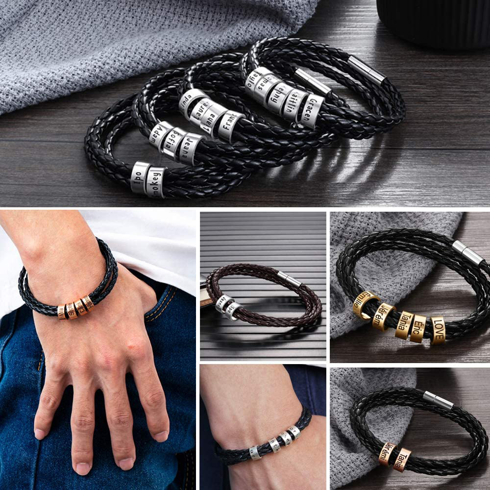 Father's Day Gift Men Braided Leather Bracelets with 3 Beads Bracelet Gifts for Him