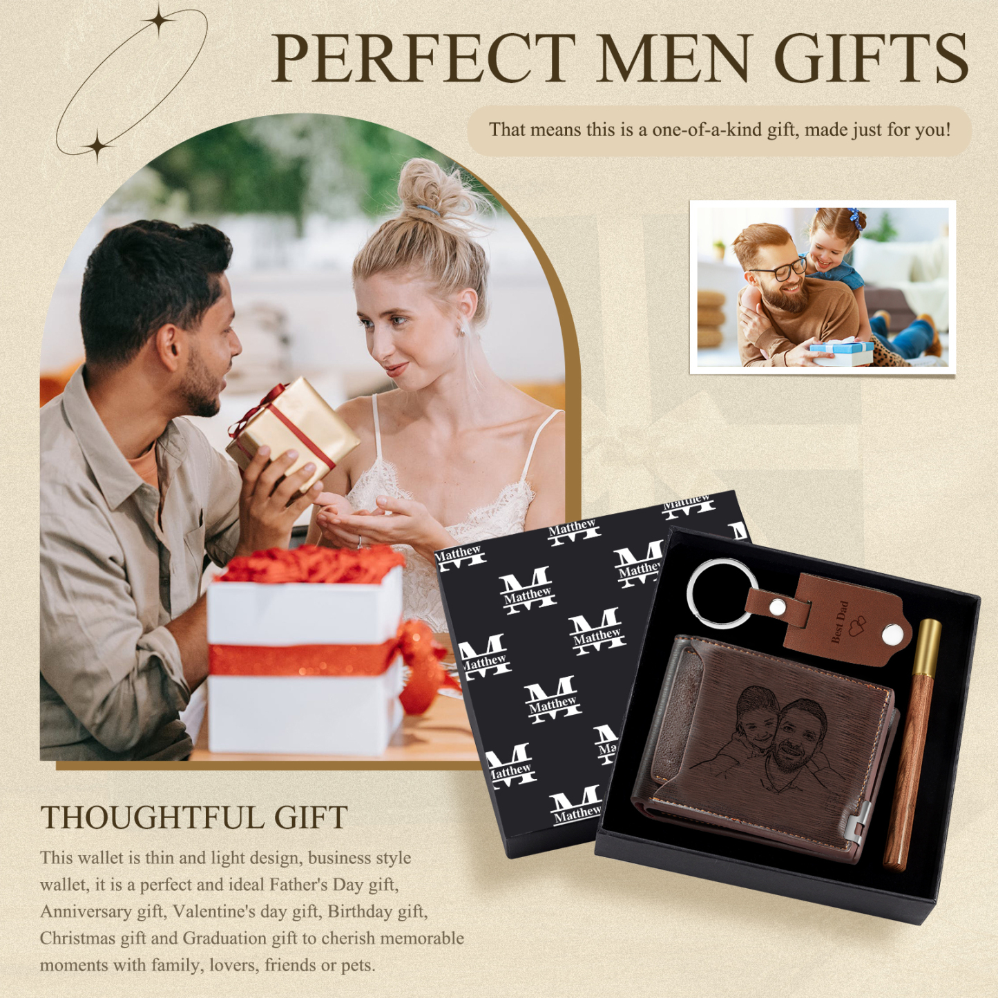 Personalized Leather Wallet Gift Box Set with Keychain Customizable 2 Photo, Name and 3 Text Wallet Gift for Him
