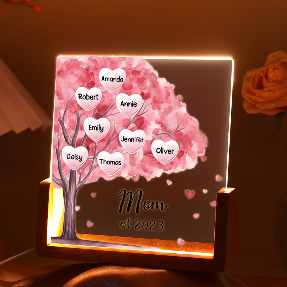 8 Names - Personalized Sakura Tree Night Light with Custom Text And Date LED Light, Gift for Mom