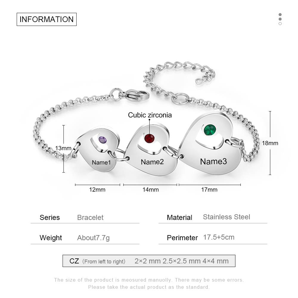 Personalized Heart Bracelet with Birthstones Custom 3 Names Family Bracelet Gifts for Her