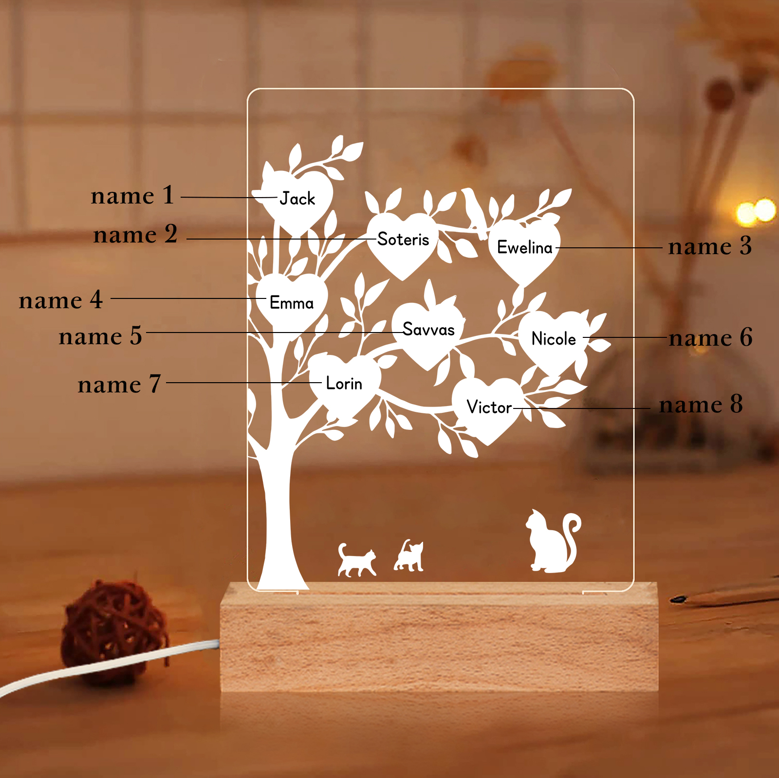 8 Names - Personalized Leaf Style Night Light With Custom Text LED Light Gift For Family