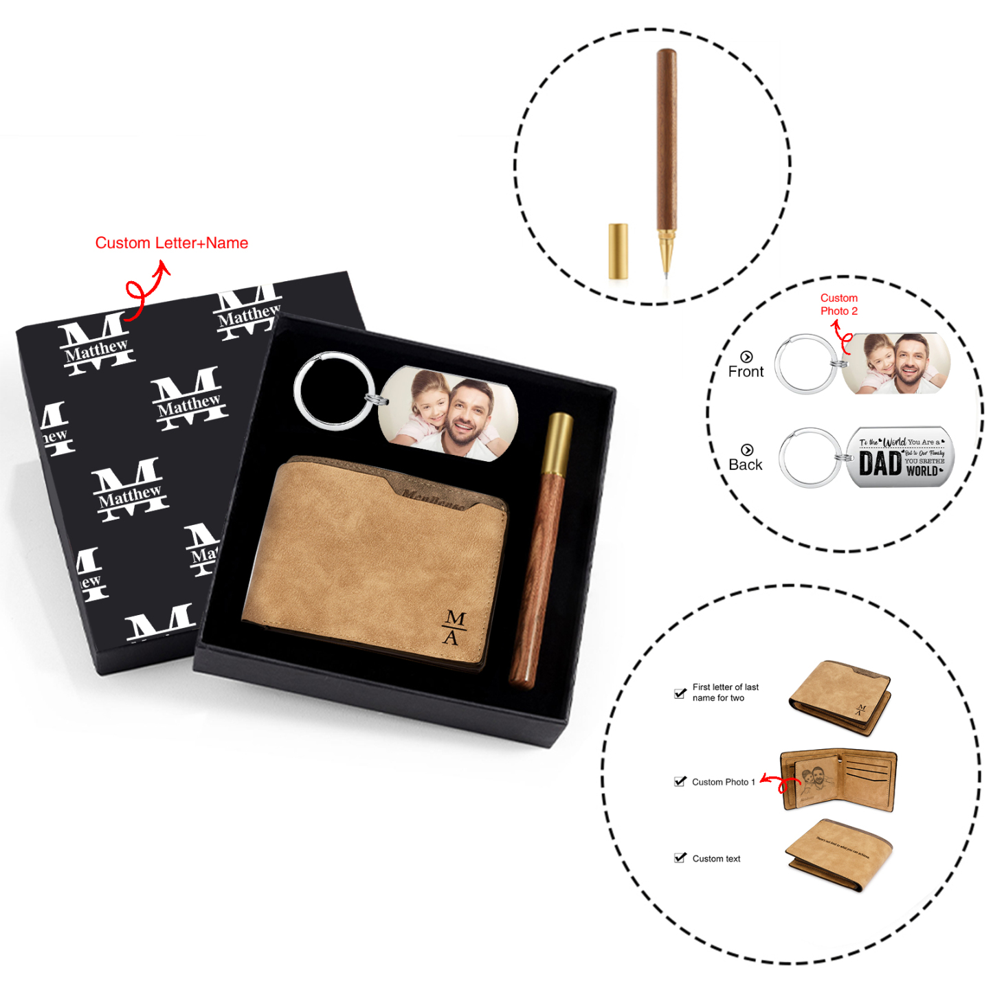 Photo Personalized Leather Wallet Gift Box Set with Keychain Customizable 1 Text 1 Name and 2 Letter Wallet Gift for Dad