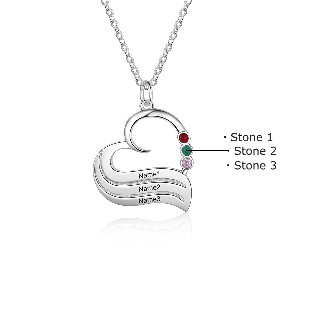 3 Names-Personalized Special Heart Necklace with Birthstone and Name for Her