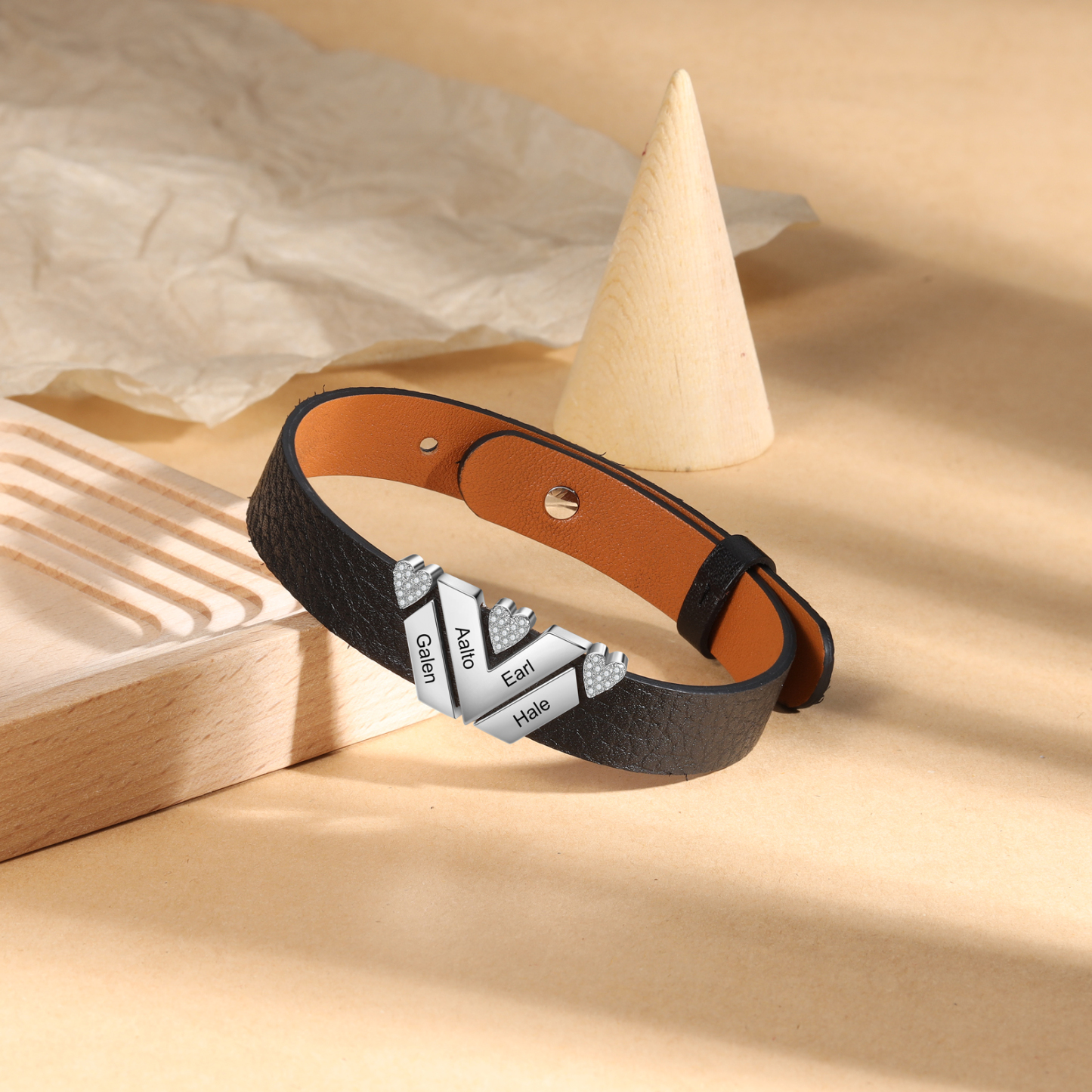 Customized Leather Bracelet with Beads Engraved 4 Names Bangle for Him