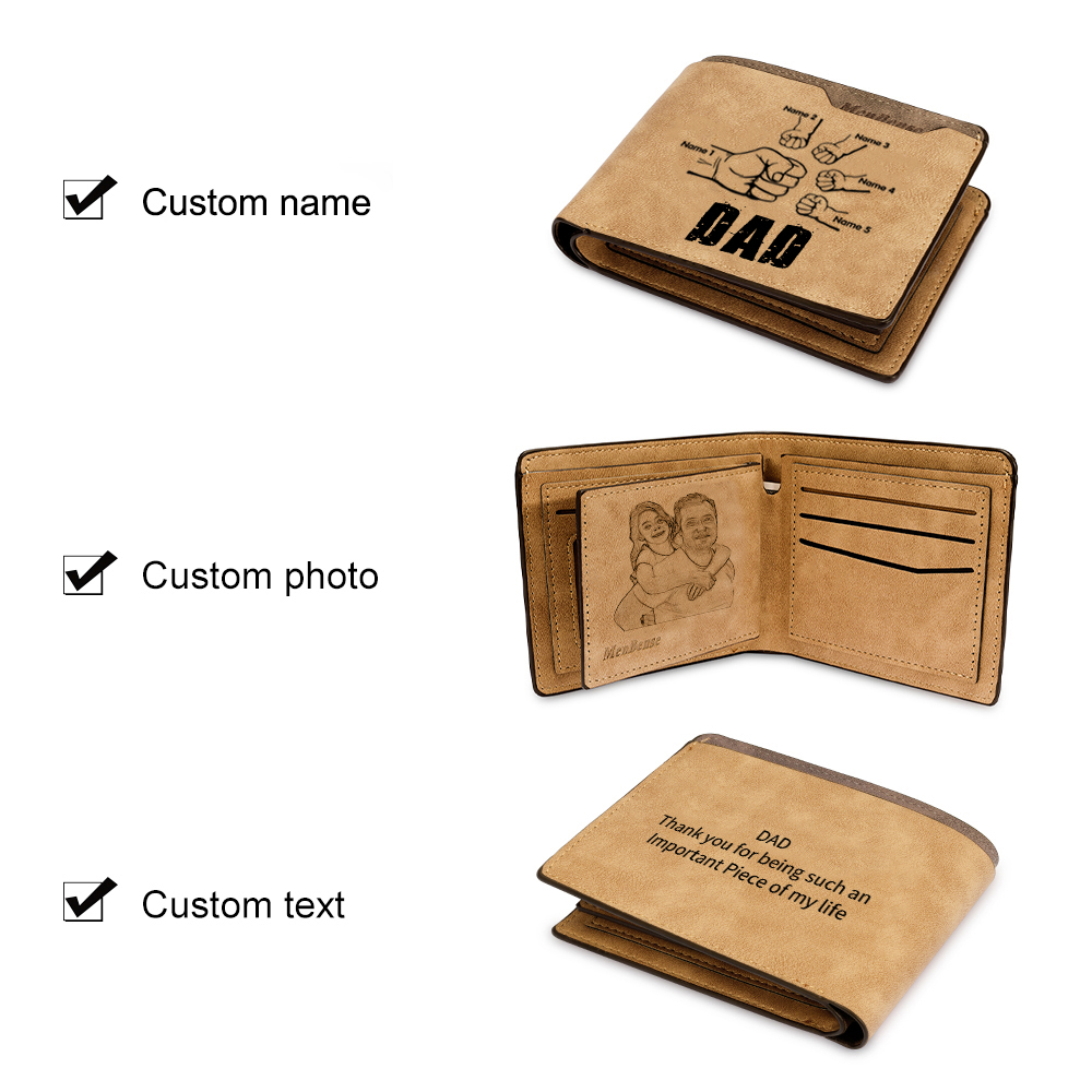 5 Names - Personalized Leather Men's Wallet Custom Photo Fist Fold Wallet with Gift Box for Dad