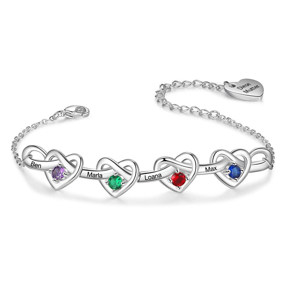 4 Names-Personalized Linked Heart Bracelet With 4 Birthstones Engraved Names And Text Bangle For Her