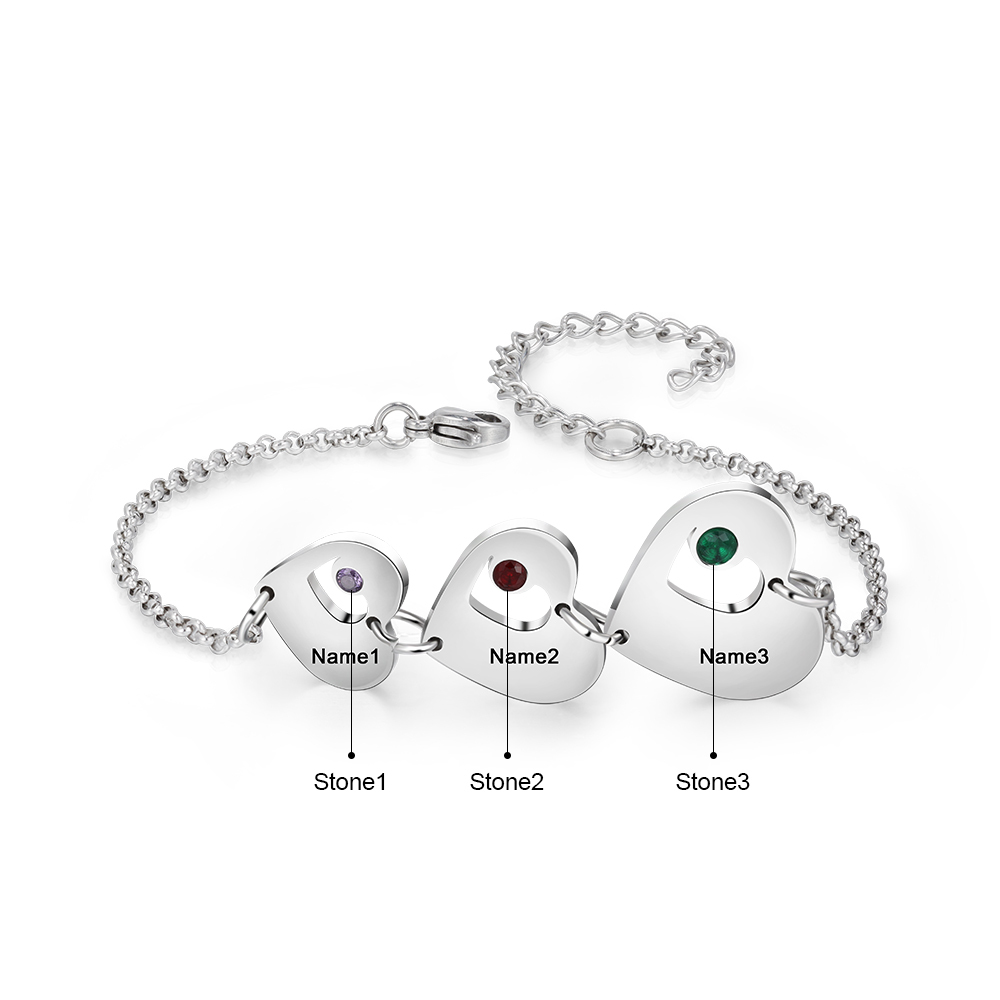 Personalized Heart Bracelet with Birthstones Custom 3 Names Family Bracelet Gifts for Her