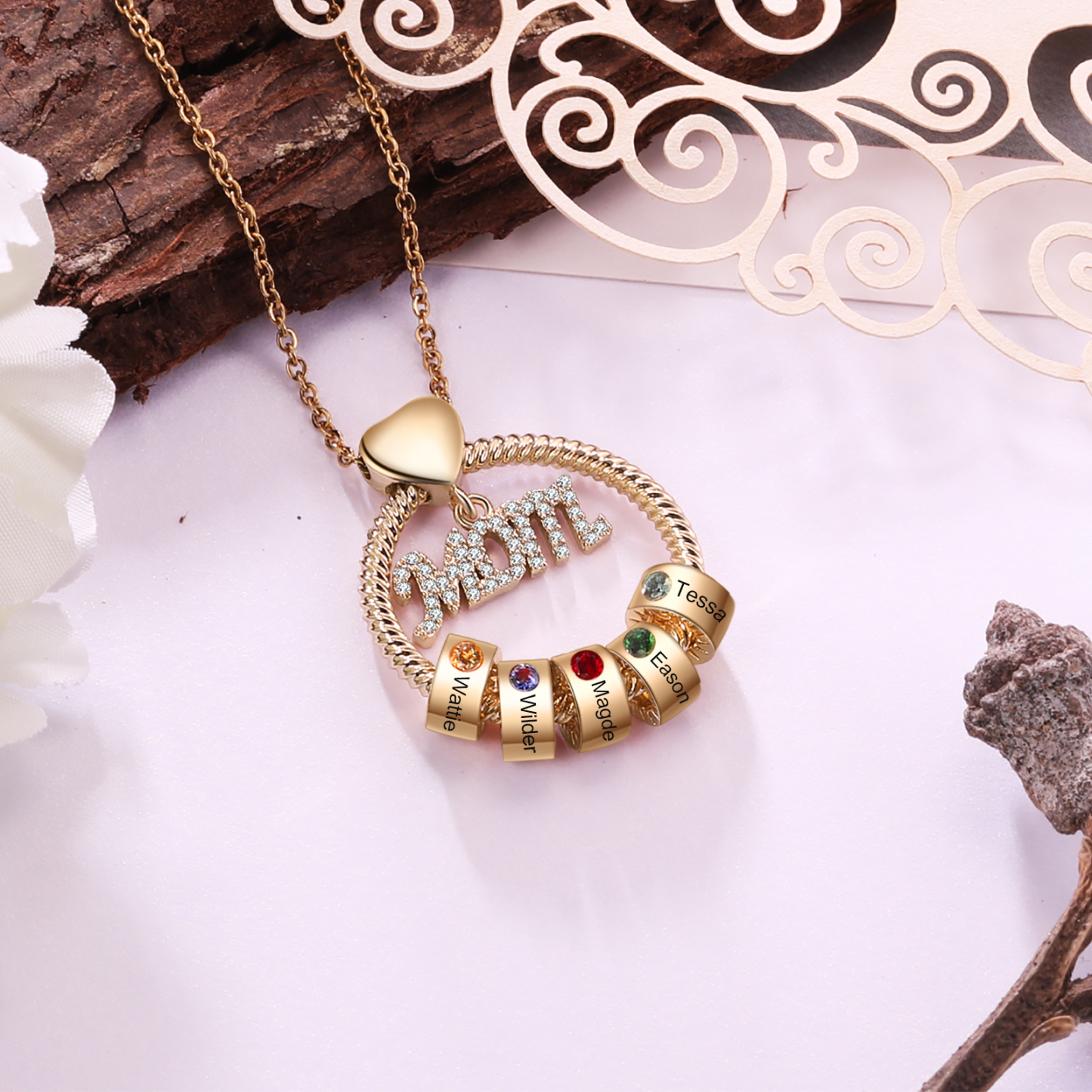 5 Names-Personalized Necklace With 5 Birthstones Engraved Names Gift For Mother