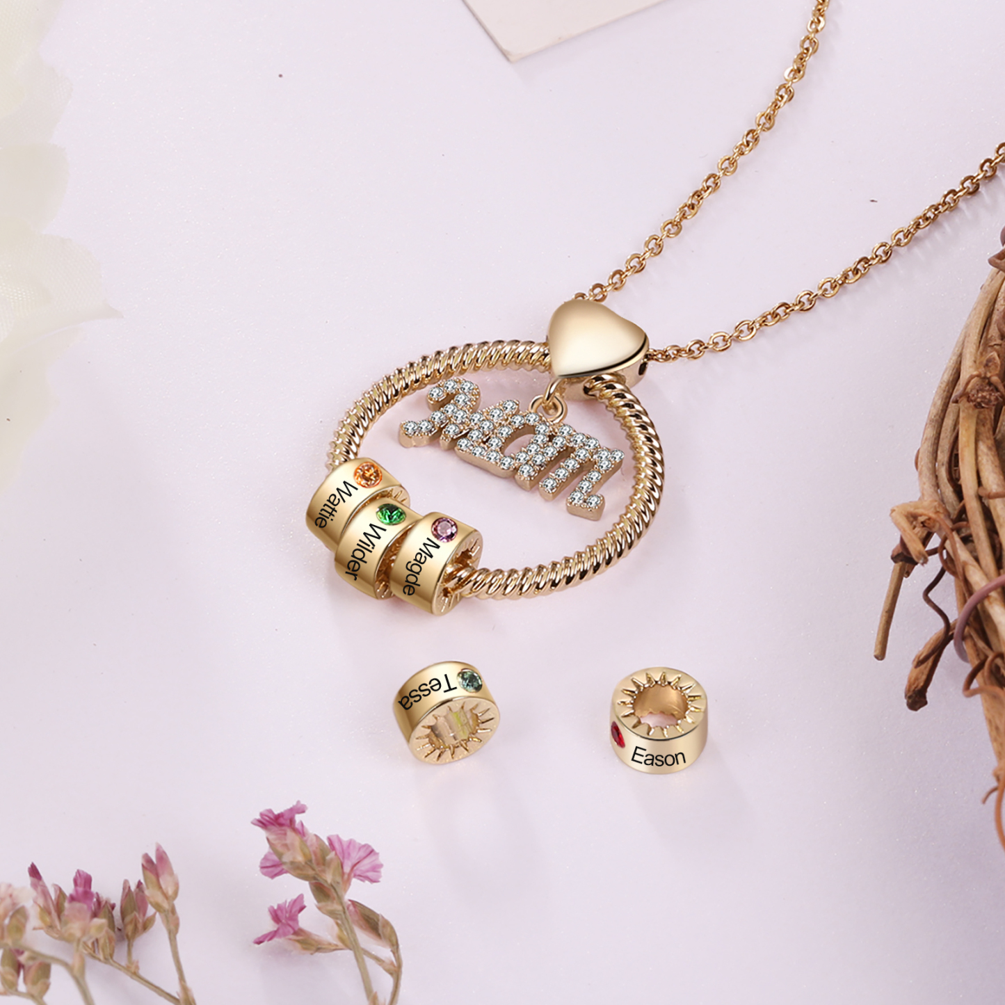 4 Names-Personalized Mom Necklace Set With Premium Rotating Rose Flower Gift Box-Custom Necklace With 4 Birthstones Engraved Names Gift For Mother