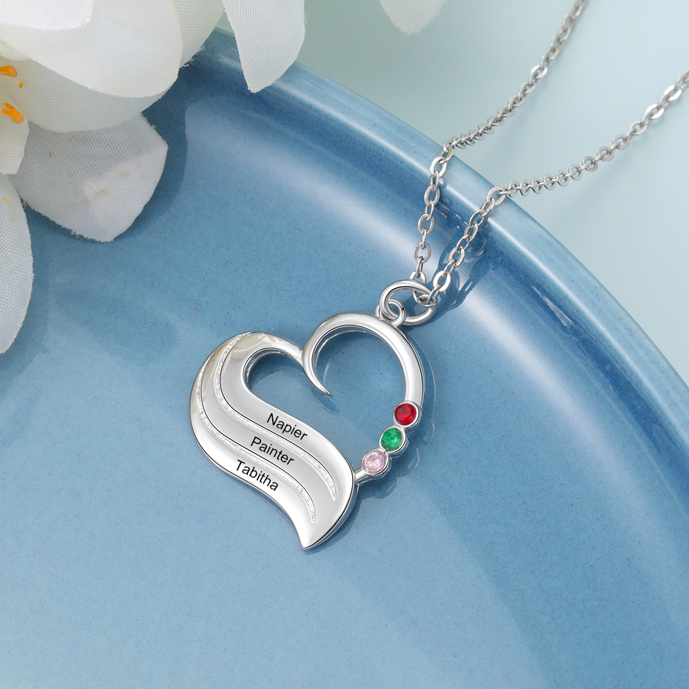 3 Names-Personalized Special Heart Necklace with Birthstone and Name for Her