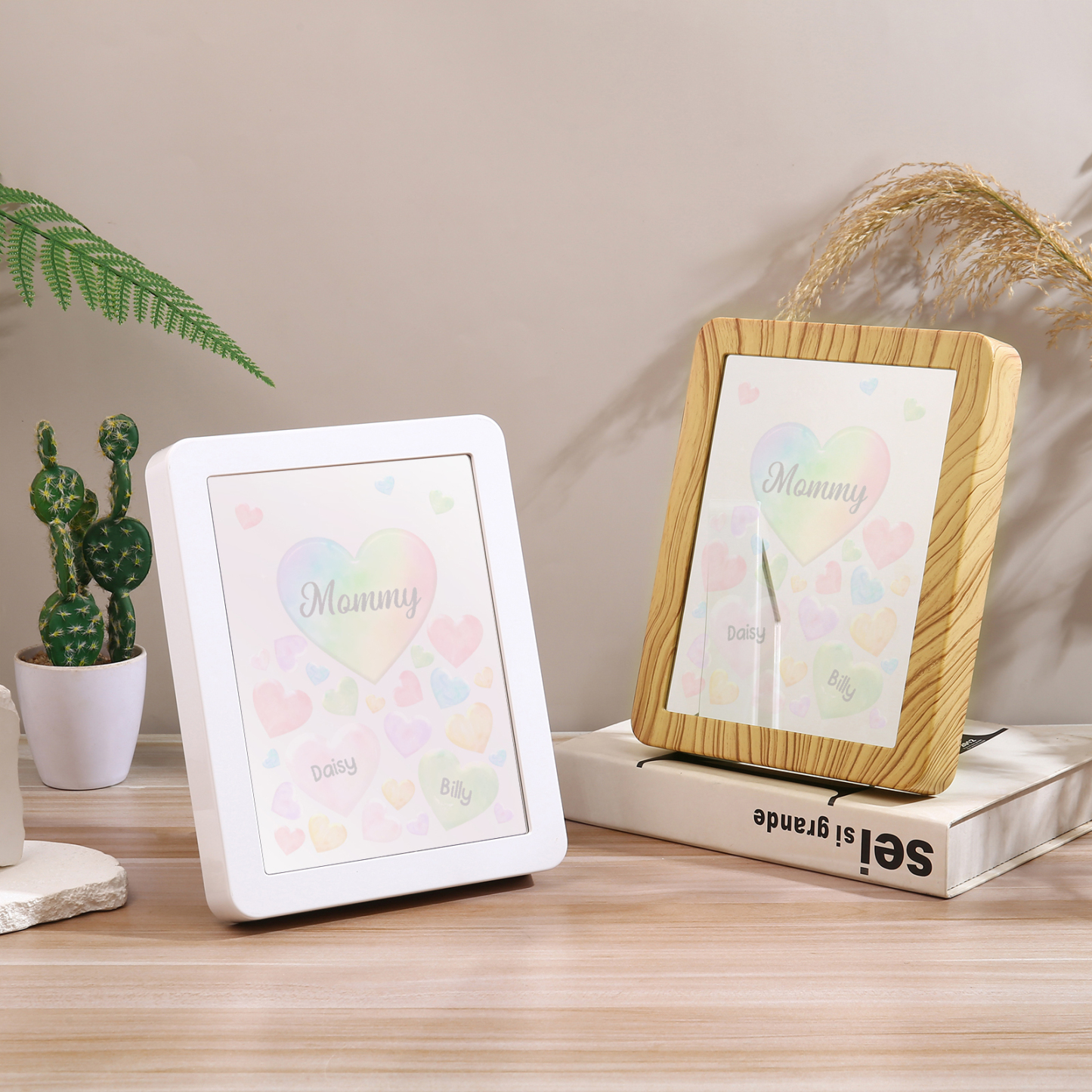 2 Names - Personalized Mom Home Wood Color Plug-in Mirror Photo Frame Custom Text LED Night Light Gift for Mom