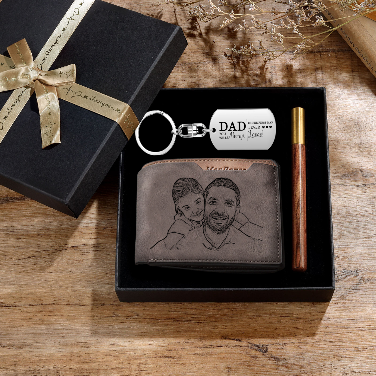 Photo Personalized Leather Wallet Gift Box Set with Keychain Customizable Text Wallet Gift for Dad