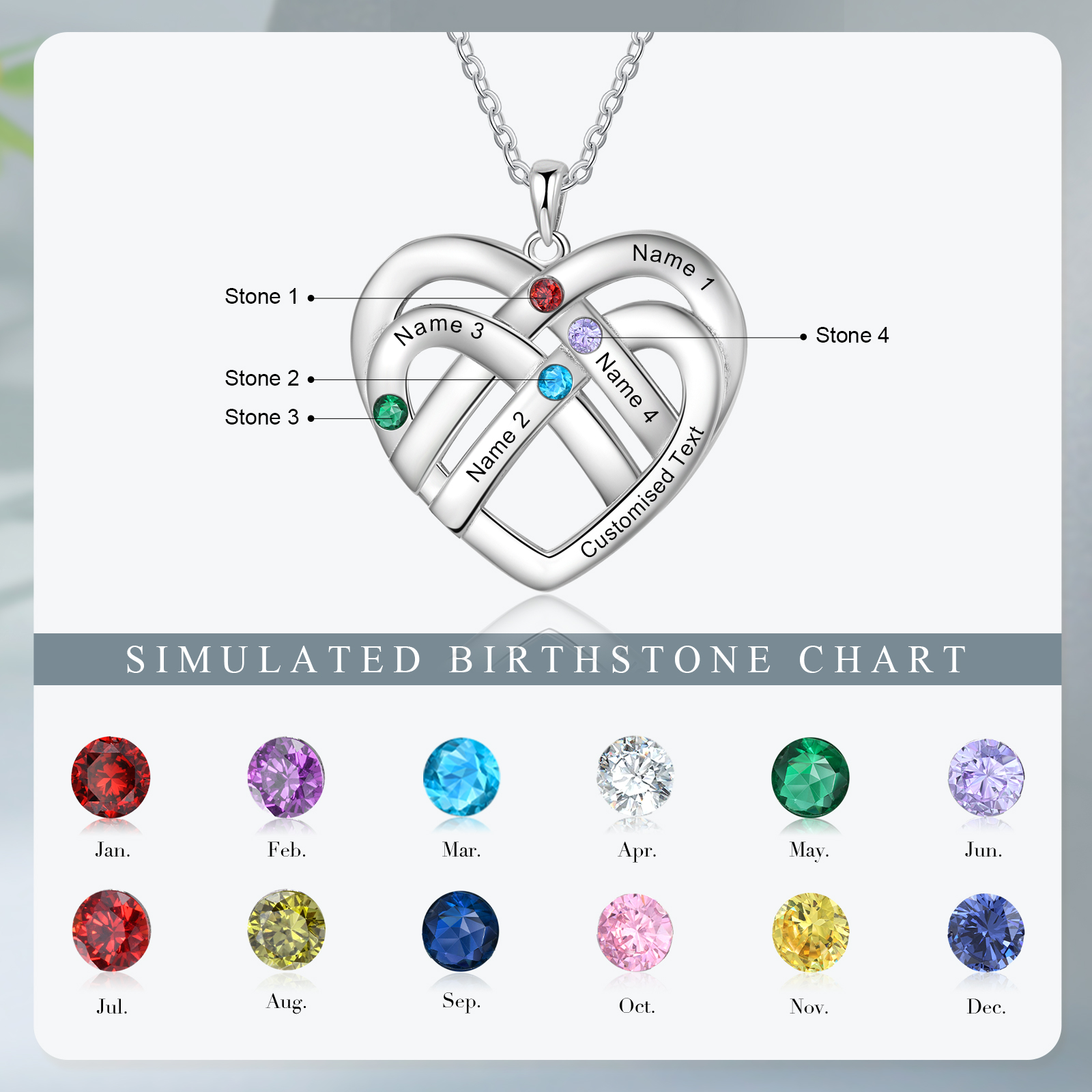 4 Names - Personalized Double Layer Heart Necklace with Custom Name and Birthstone, As a Mother's Day Gift for Mom