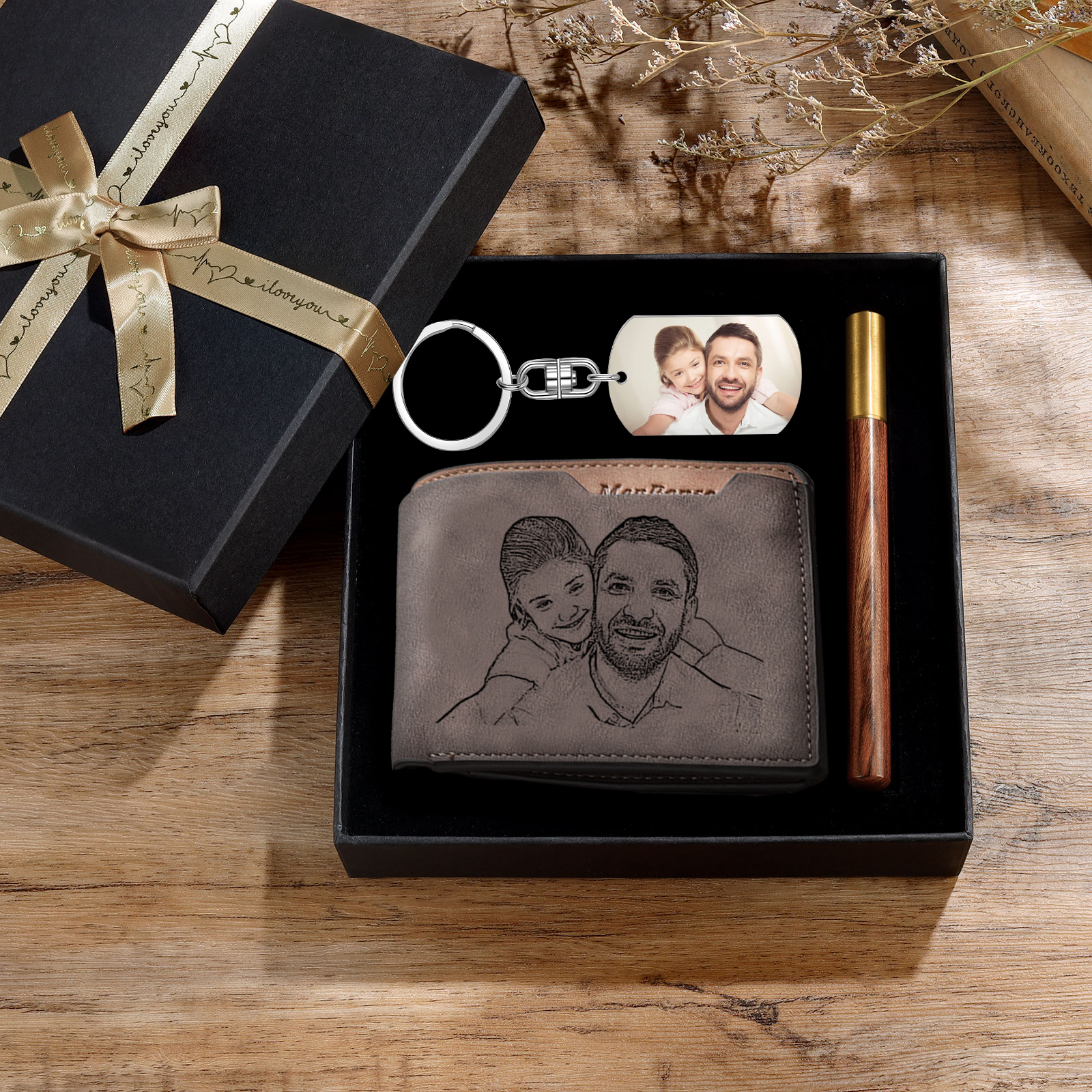 Personalized Leather Wallet Gift Box Set Keychain Strap Customizable 2 Photos 1 Text and 1 Date Gift for Dad