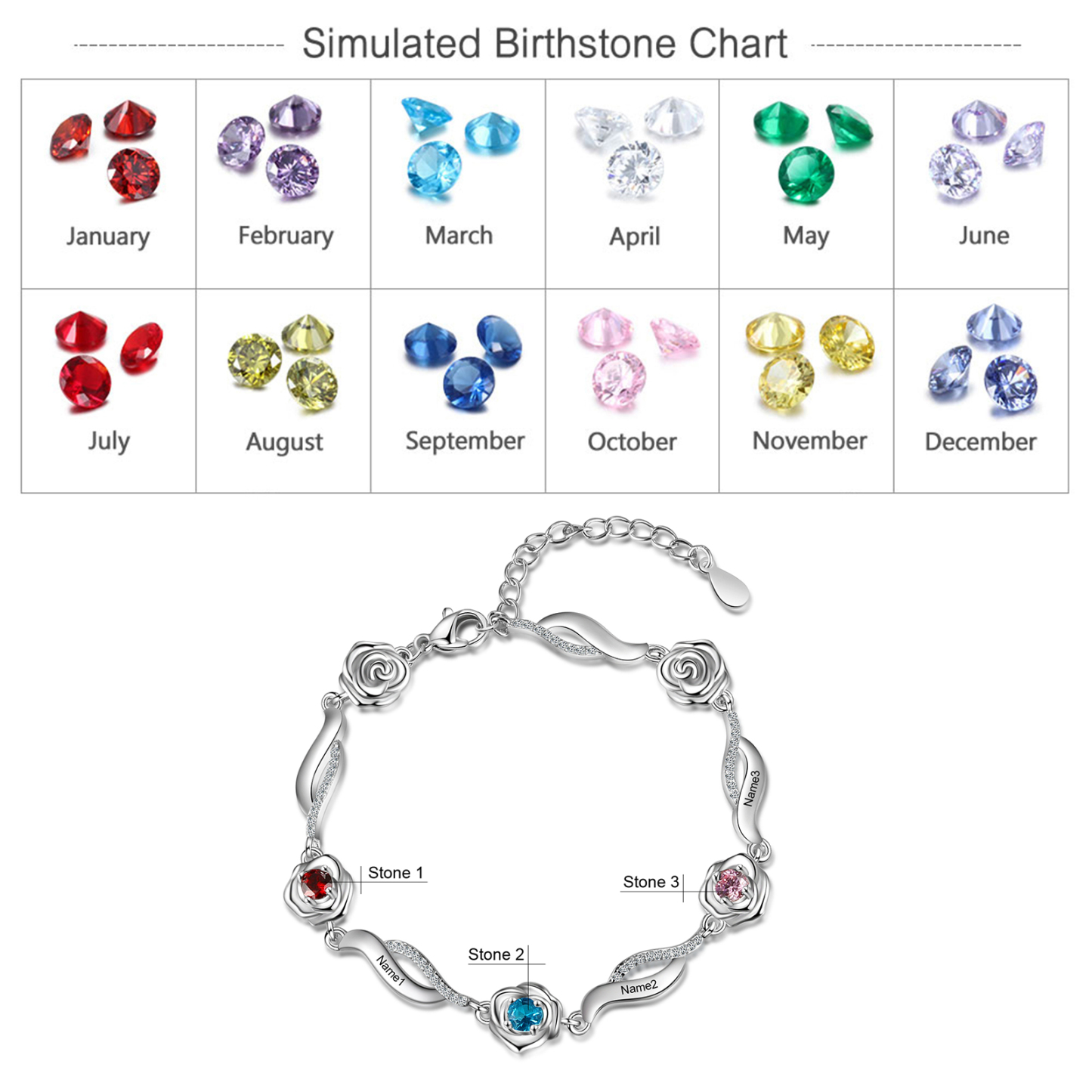 3 Names-Personalized Rose Bracelet With 3 Birthstones Set With Gift Box Custom Names Bracelet Gift For Women