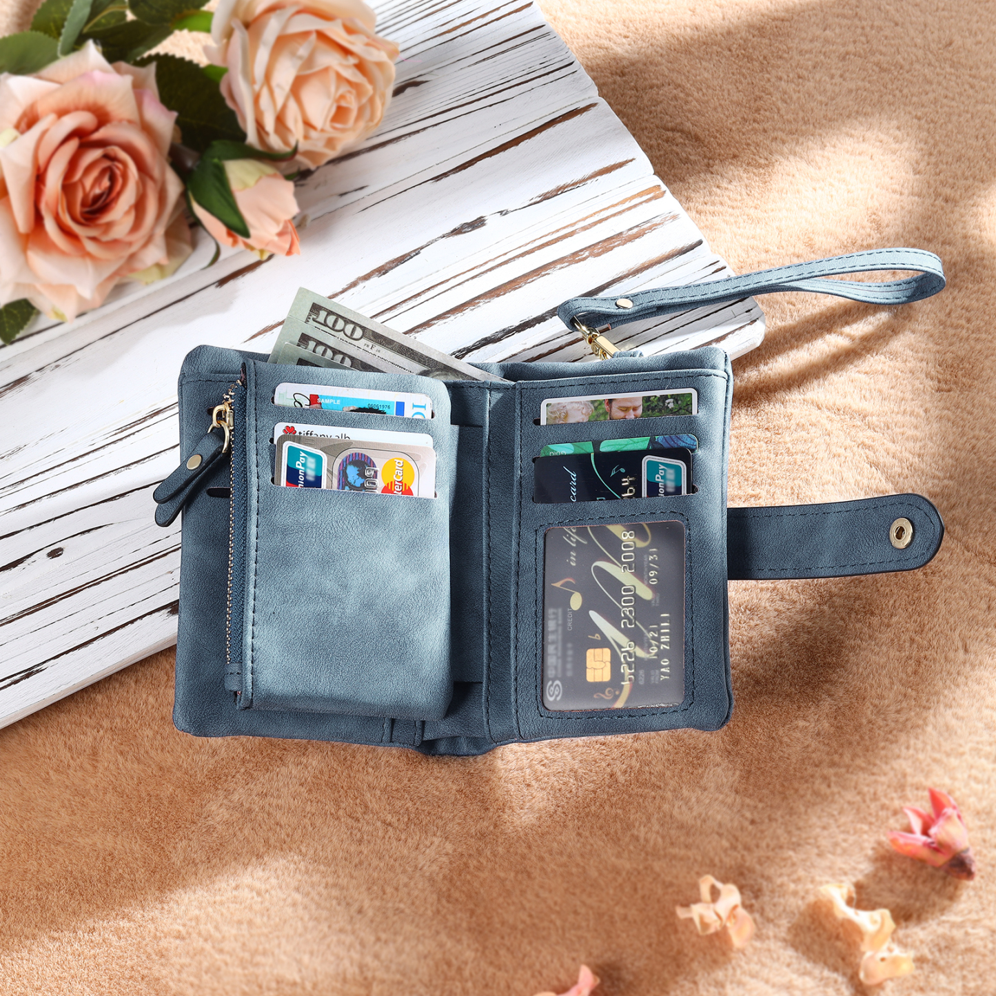 Blue Color Personalized Birthday Flower Leather Wallet Engraving Name Wallet Gifts for Women