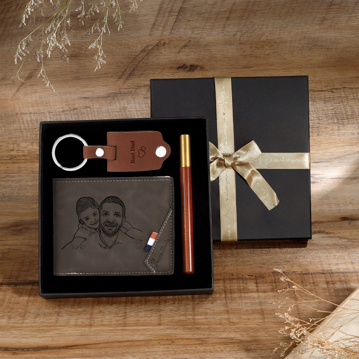 Photo Personalized Leather Wallet Gift Box Set with Keychain Customizable Letter Name Wallet Gift for Him