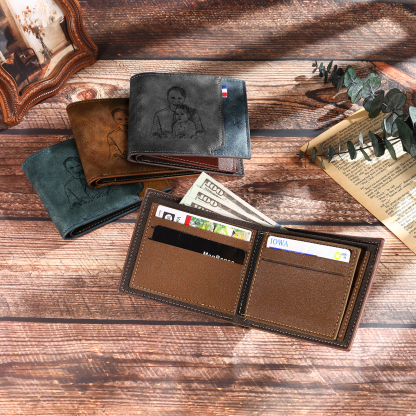 4 Names - Personalized Photo Custom Leather Men's Folding Wallet as a Father's Day Gift for Dad