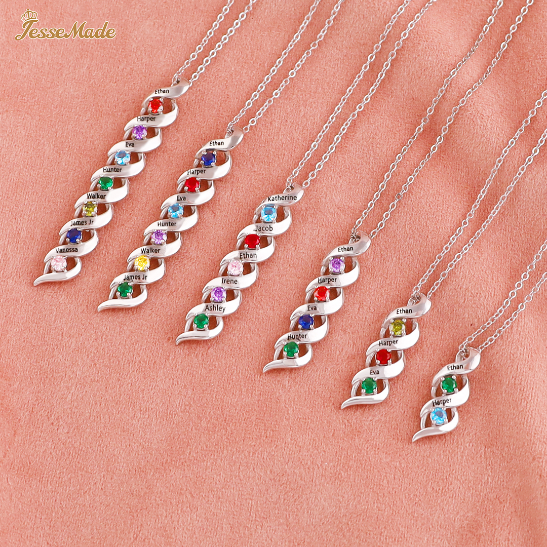 7 Names-Personalized Birthstones Necklace Set With Rose Gift Box-Custom Cascading Pendant Necklace Engraving 7 Names Gifts for Her