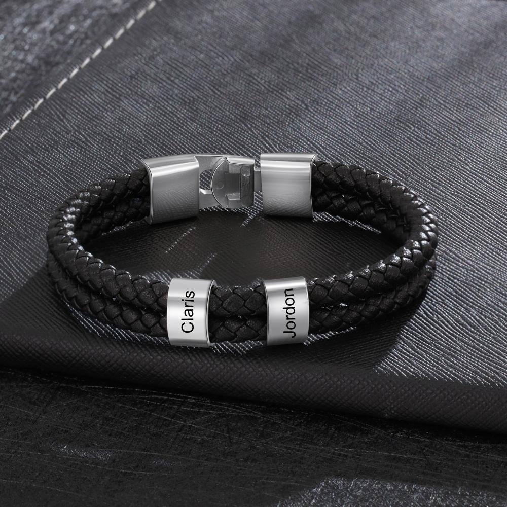 Personalized Braided Leather Bracelet Engraved 2 Names Men's Bracelet for Him
