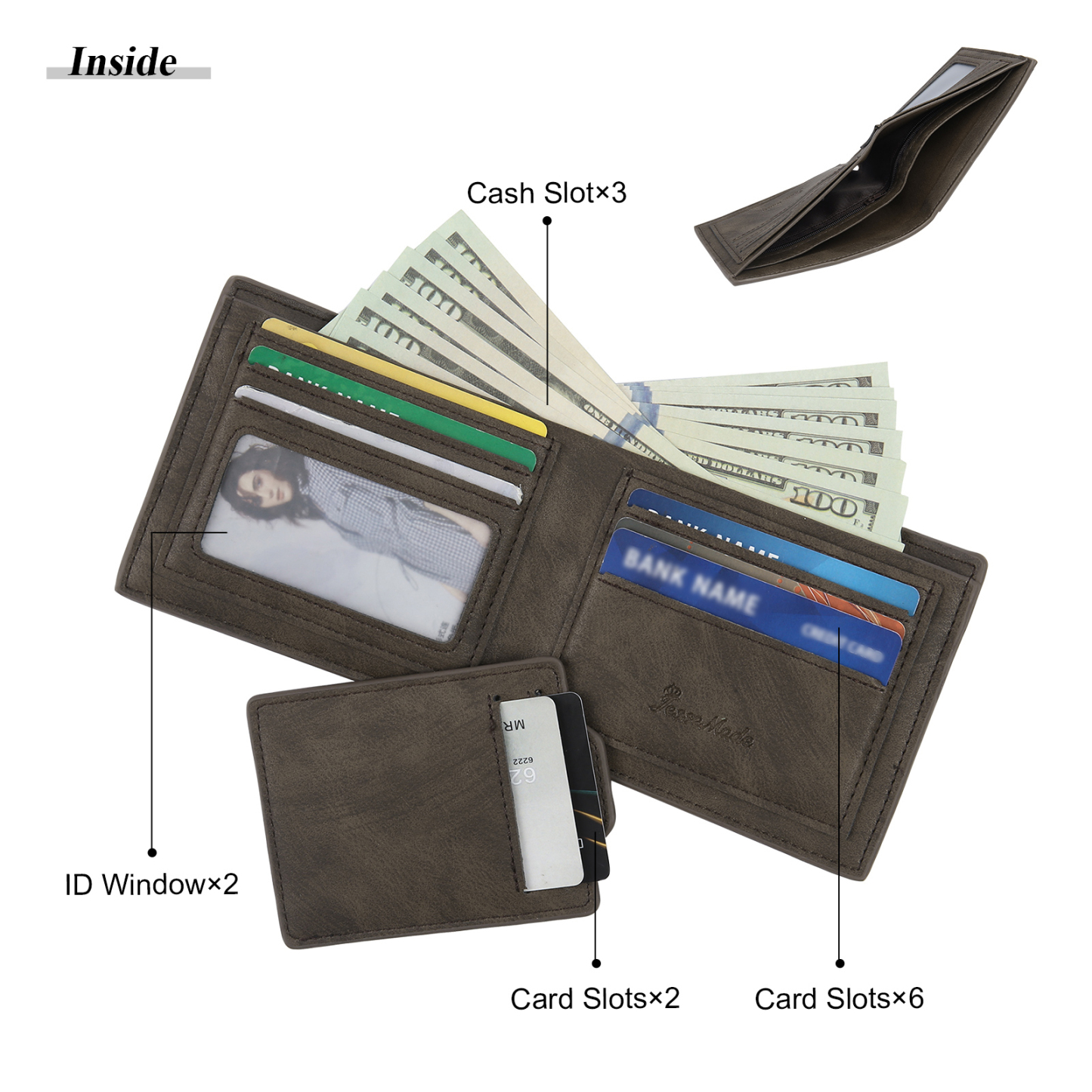 5-Names Personalized Leather Men's wallet With Card Slot Engraved With Name And Photo For Papa As a Father's Day Unique Gift