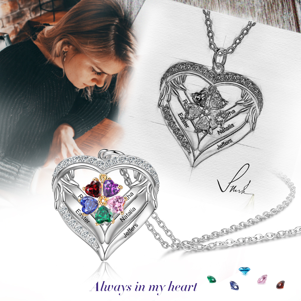 Personalized Wings S925 Silver Necklace With 5 Heart Birthstones Engraved Names Gift For Women