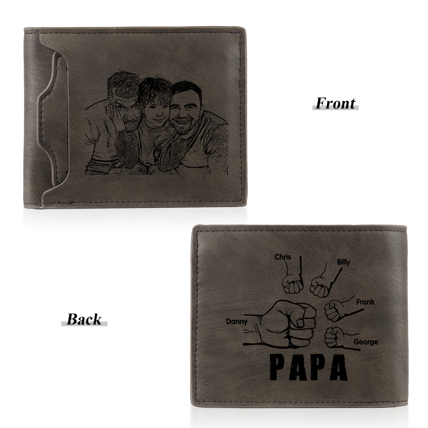 5-Names Personalized Leather Men's wallet With Card Slot Engraved With Name And Photo For Papa As a Father's Day Unique Gift