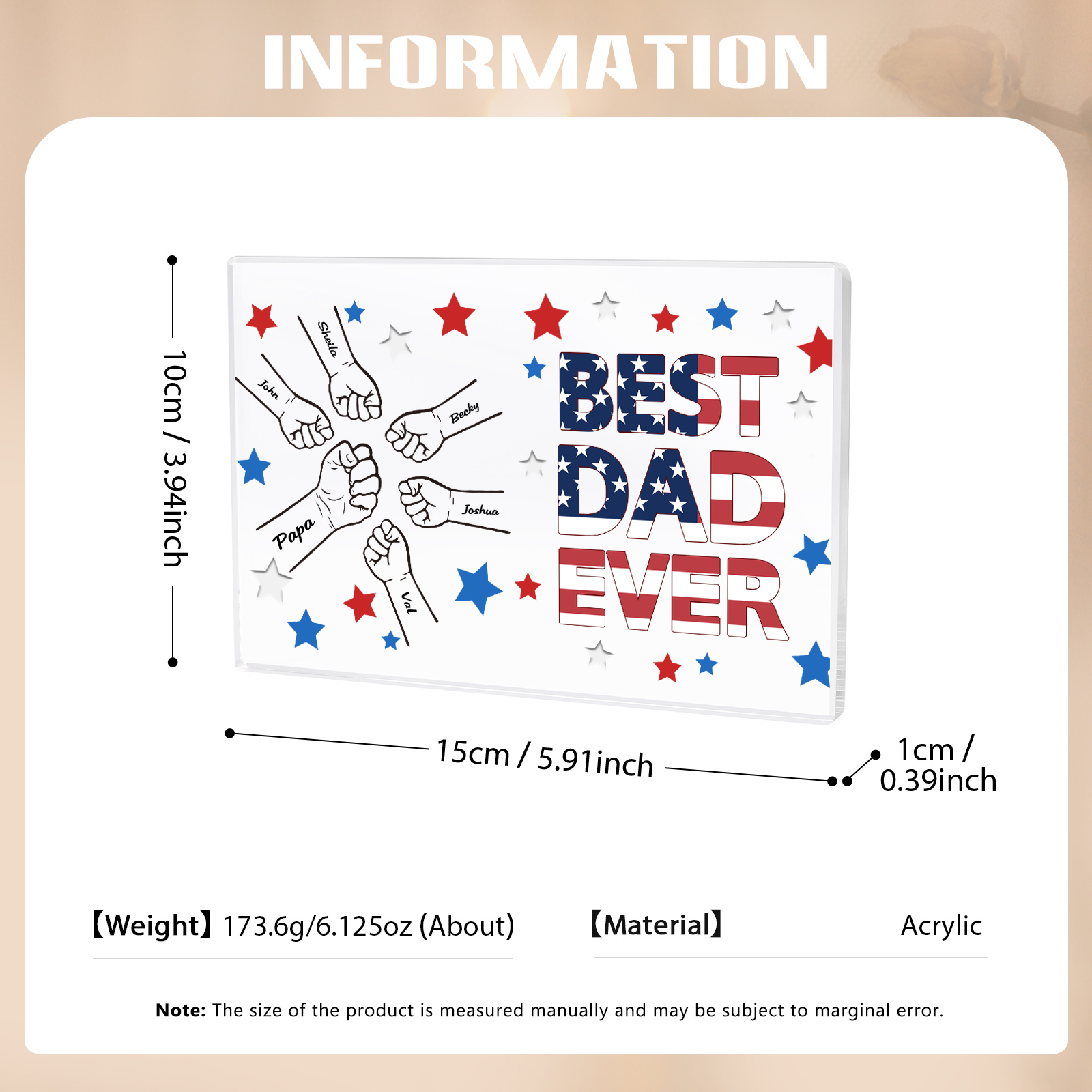 6 Names - Personalized Fist Family Acrylic Keepsake Customized Name Acrylic Home Decor Gift for Dad