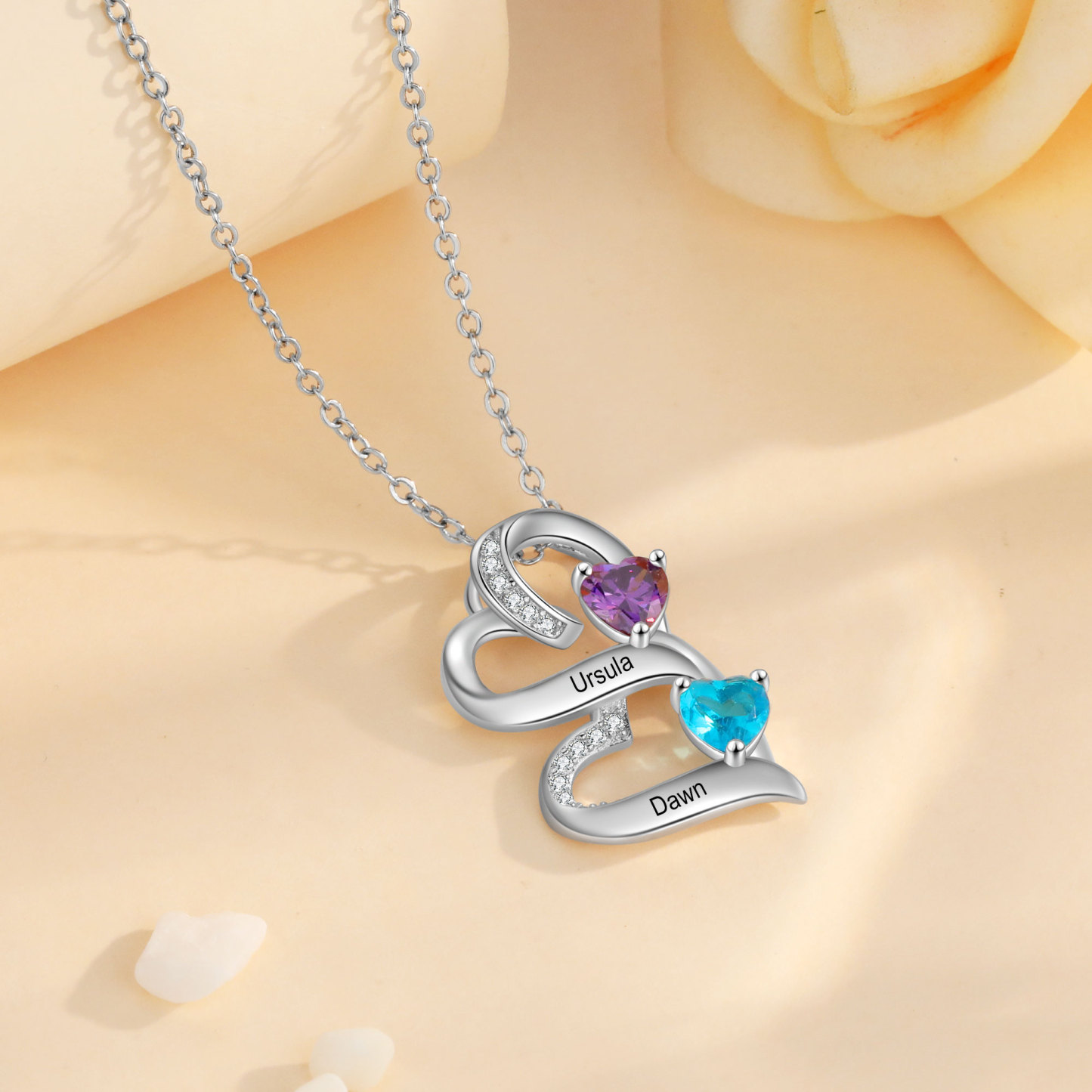 2 Names-Personalized Hearts Necklace Custom Birthstone Necklace Engraved Names Special Gifts for Her