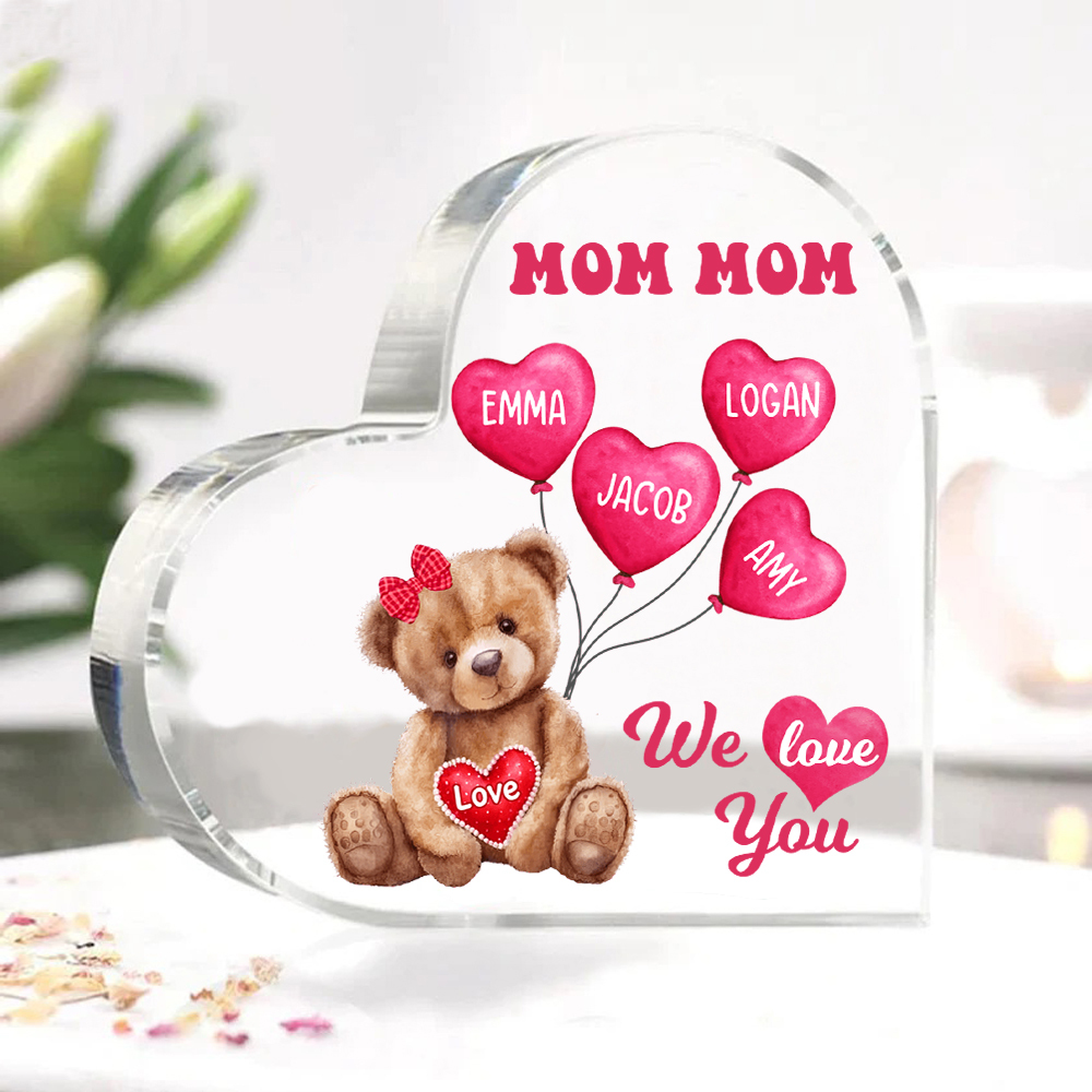 4 Names-Personalized Bear Acrylic Heart Keepsake Custom Text Acrylic Plaque Ornaments Gifts for Mom
