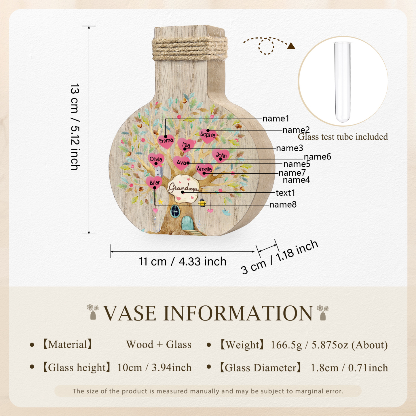 8 Names - Personalized Custom Text and Name Family Tree Wooden Decorative Vase as a Gift for Grandma
