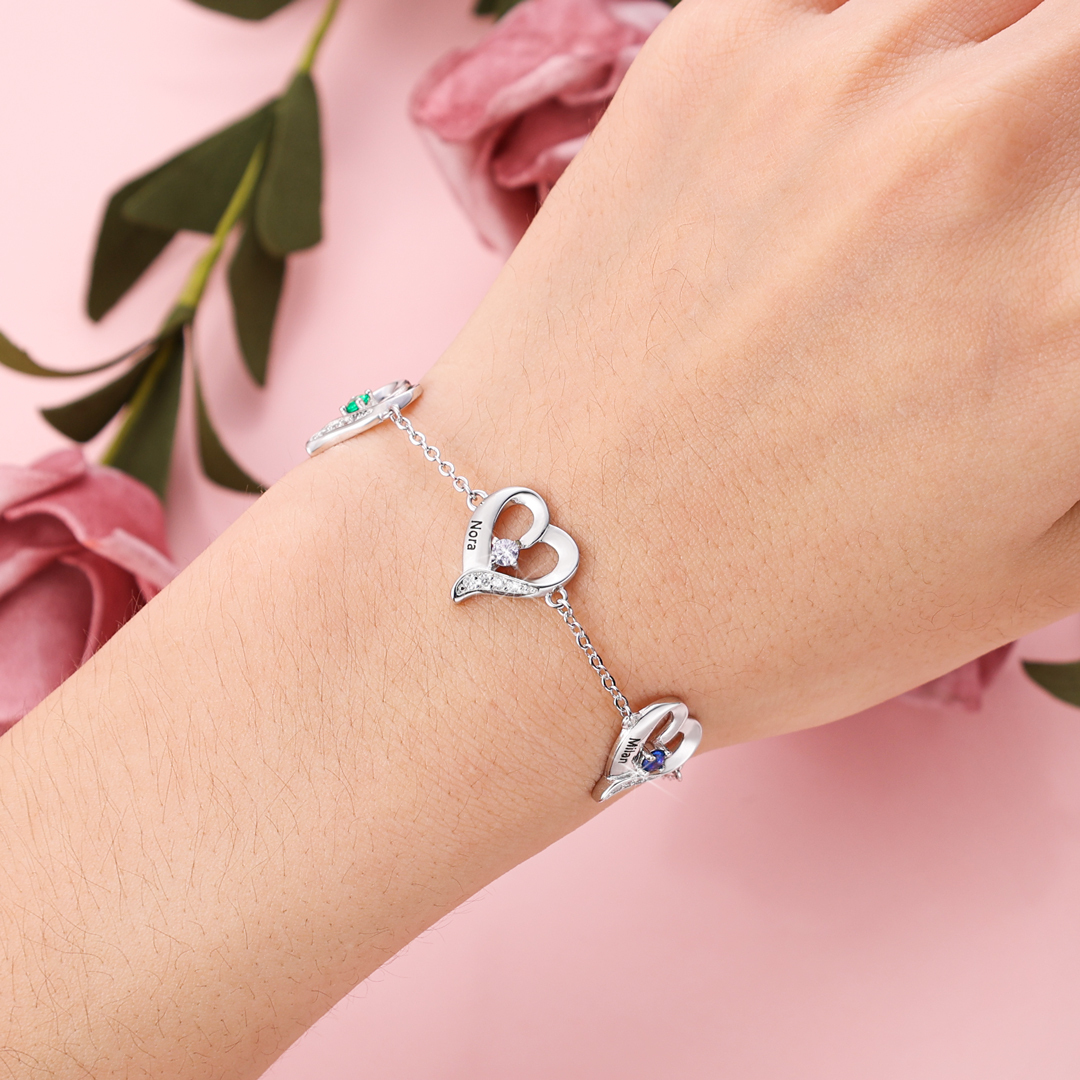 4 Names-Personalized Heart Bracelet With 4 Birthstones Engraved Names Bangle For Her