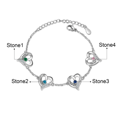 4 Names-Personalized Heart Bracelet With 4 Birthstones Engraved Names Bangle For Her