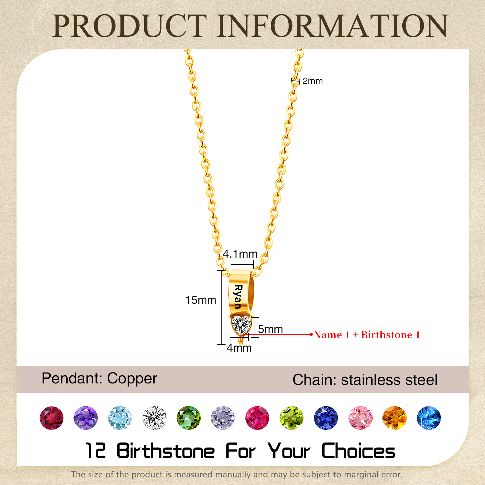 1 Name - Personalized Link Pendant Necklace with Customized Name and Birthstone Gift for Her