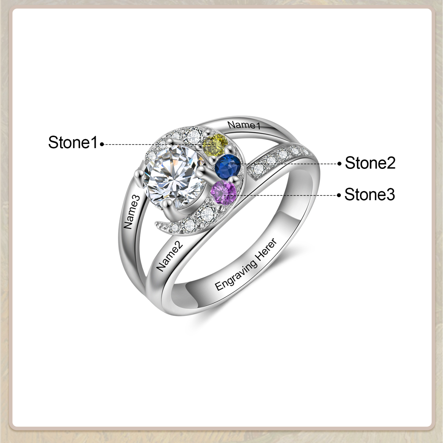 Personalized Moon Star Ring With 3 Birthstones Custom Names Best Gift For Women