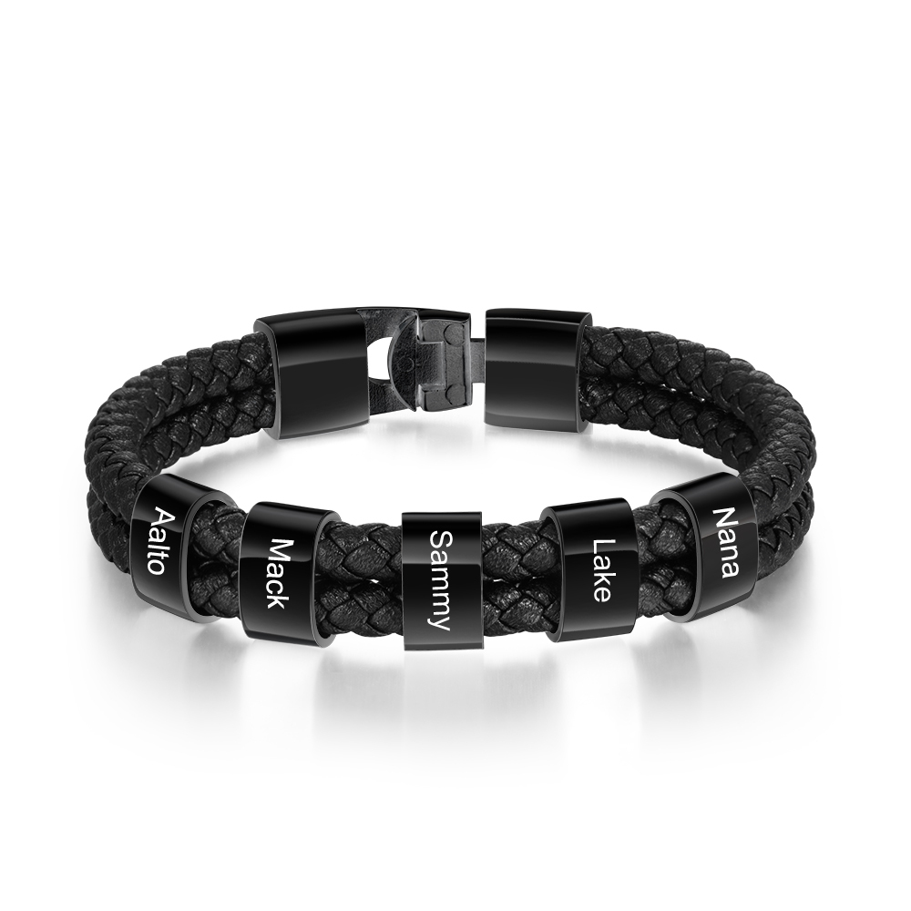 Father's Day Gifts Personalized Braided Leather Bracelet Engraved 5 Names Men's Bracelet for Him