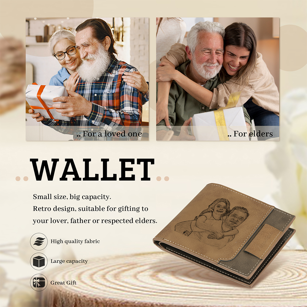 Photo Personalized Leather Men's Wallet Customized Name Letter Folding Wallet Two Colors Available with Gift Box for Dad