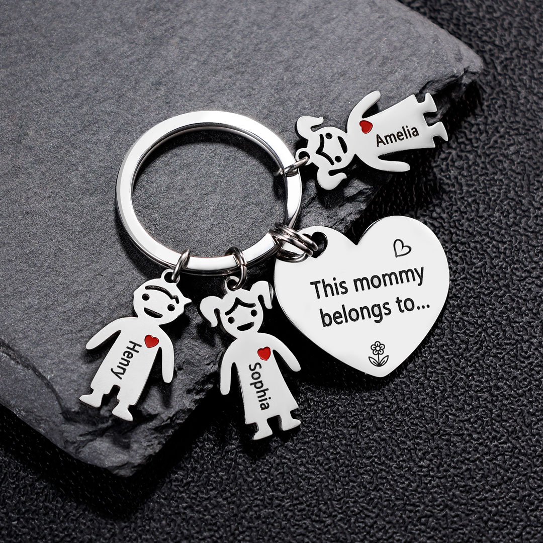Mother's Day Gifts Personalized Heart Keychain With 1 Kid Charm "This Mommy Belongs to" For Her