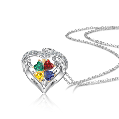 Personalized Wings S925 Silver Necklace With 4 Heart Birthstones Engraved Names Gift For Women