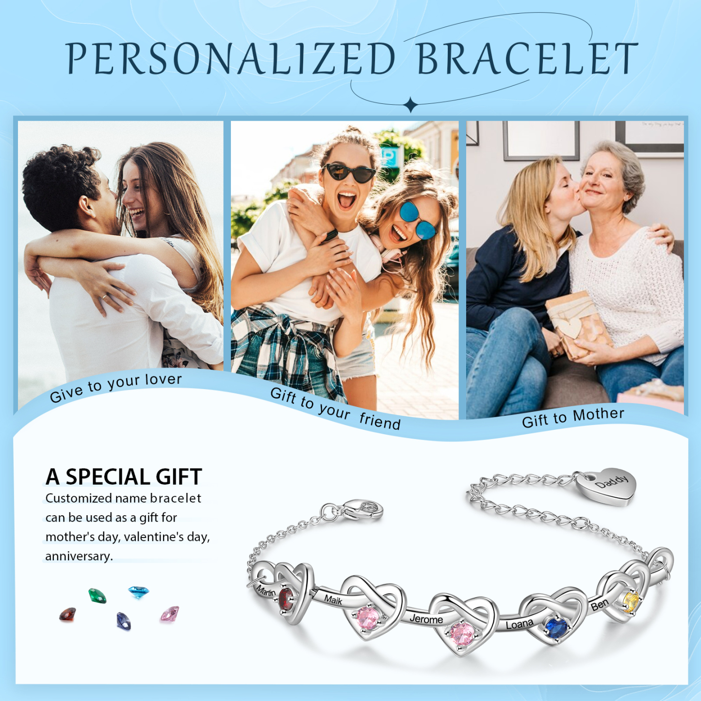 5 Names-Personalized Linked Heart Bracelet With 5 Birthstones Engraved Names And Text Bangle For Her