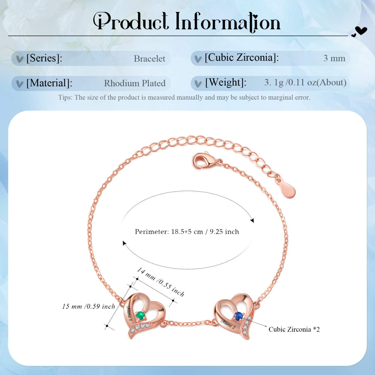 2 Names-Personalized Heart Bracelet With 2 Birthstones Engraved Names Bangle For Her