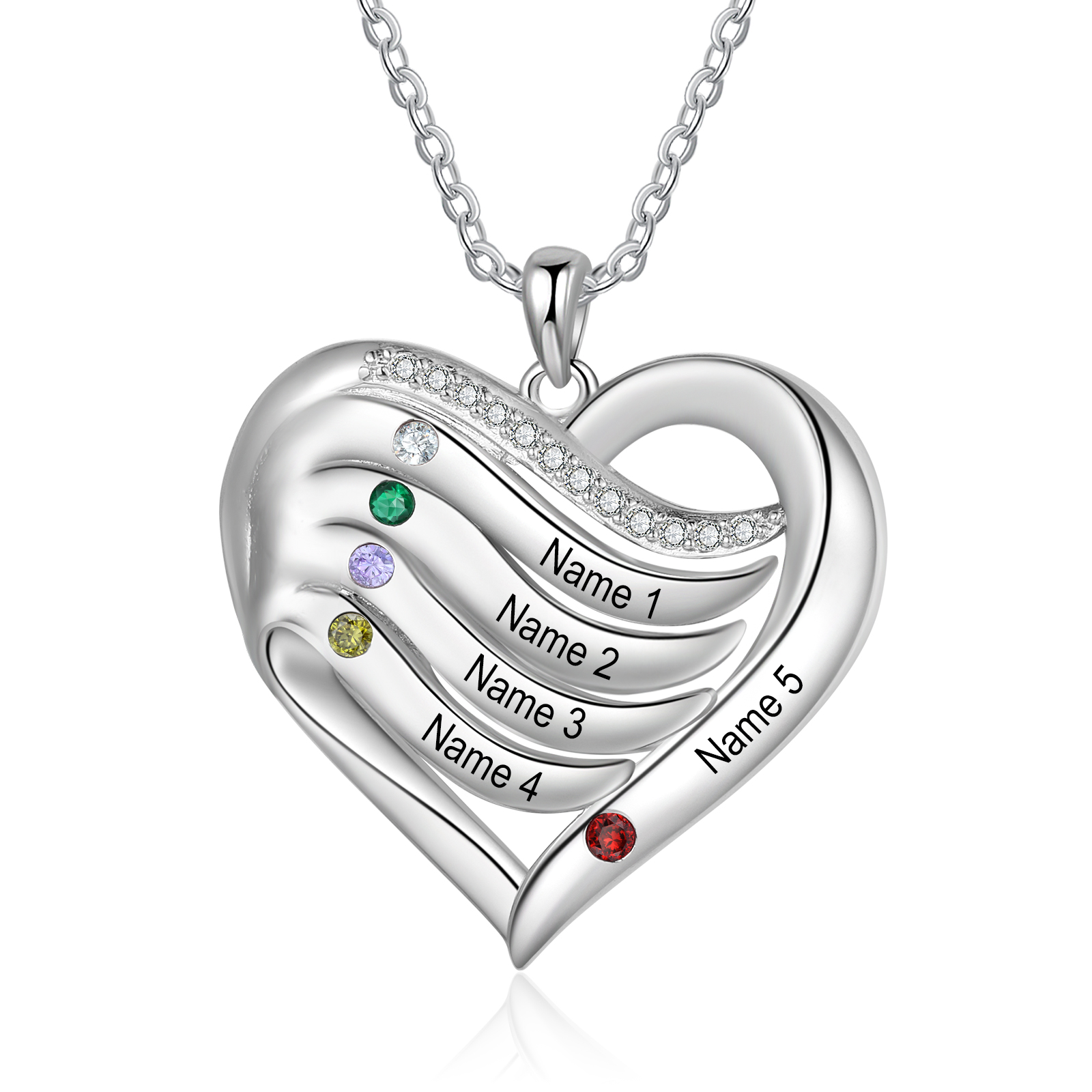 5 Names - Personalized Heart Necklace in Silver with Birthstone and Name Beautiful Gift for Her