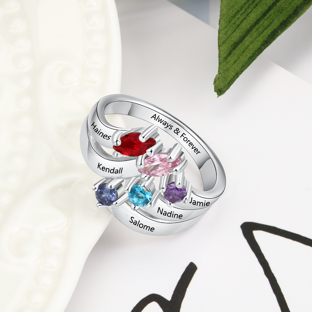 Mother's Day Family Ring Personalized 5 Birthstones Ring With Names Gifts for Her