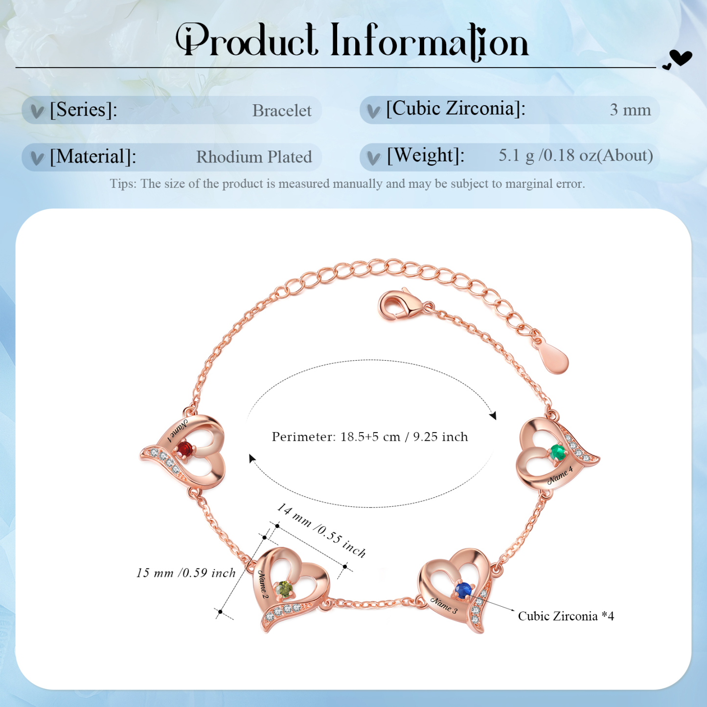 4 Names-Personalized Heart Bracelet With 4 Birthstones Engraved Names Bangle For Her