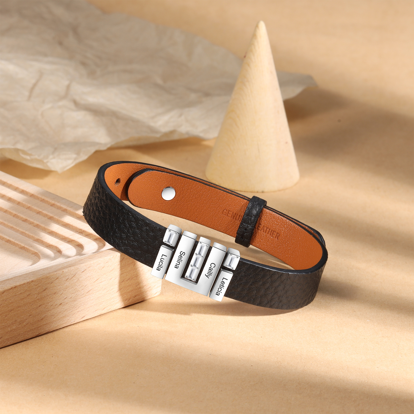 Customized Leather Bracelet with Beads Engraved 4 Names Bangle for Him