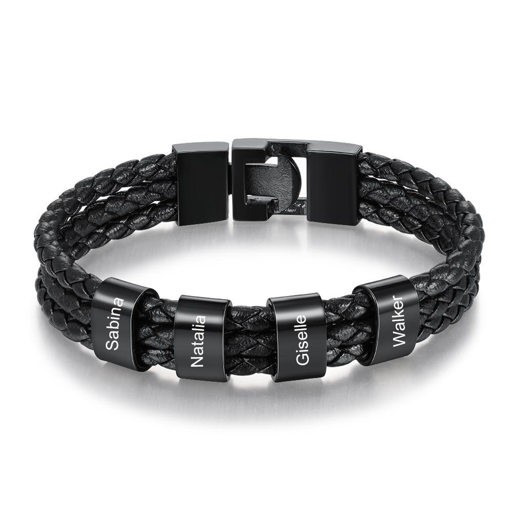 Personalized Braided Leather Bracelet Engraved 4 Names Men's Bracelet Gifts For Him