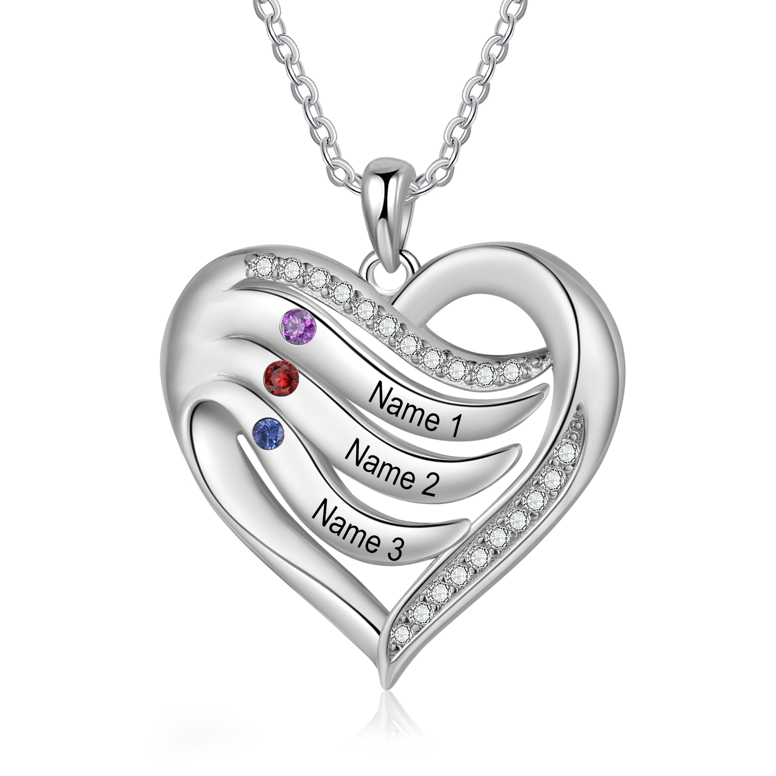 3 Names - Personalized S925 Silver Heart Necklace with Birthstone and Name, Beautiful Gift for Her