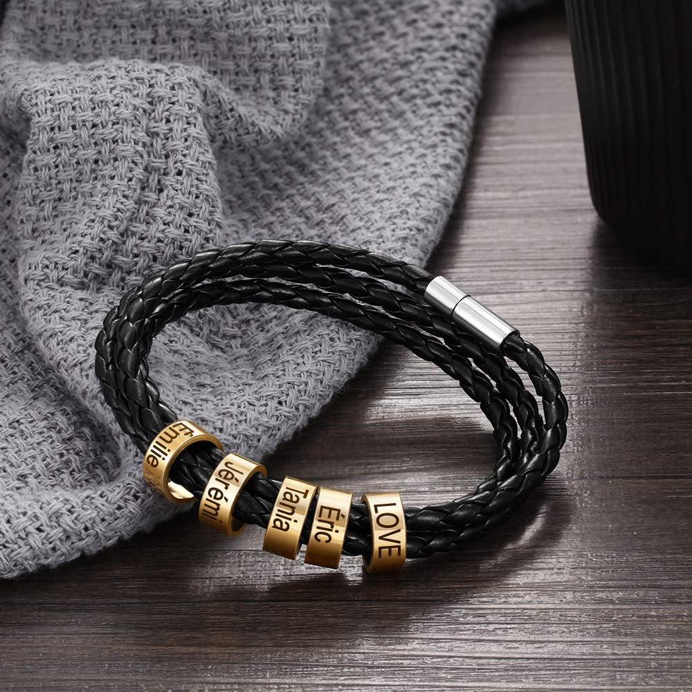 Father's Day Gift Men Braided Leather Bracelets with 3 Beads Bracelet Gifts for Him
