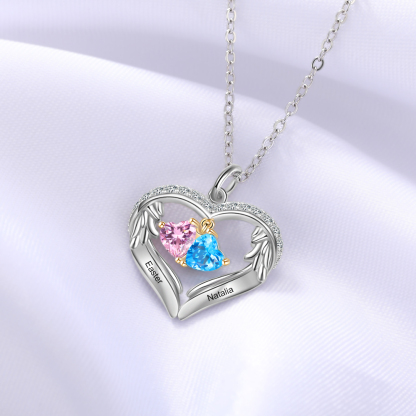 Personalized Wings S925 Silver Necklace With 2 Heart Birthstones Engraved Names Gift For Women