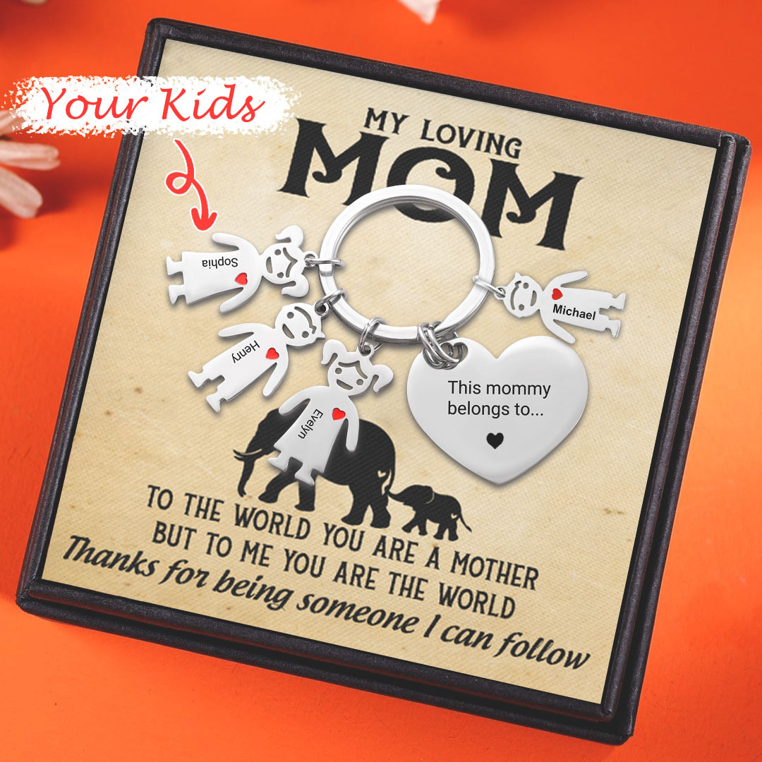 Mother's Day Gifts Personalized Heart Keychain With 4 Kid Charms "This Mommy Belongs to" For Her